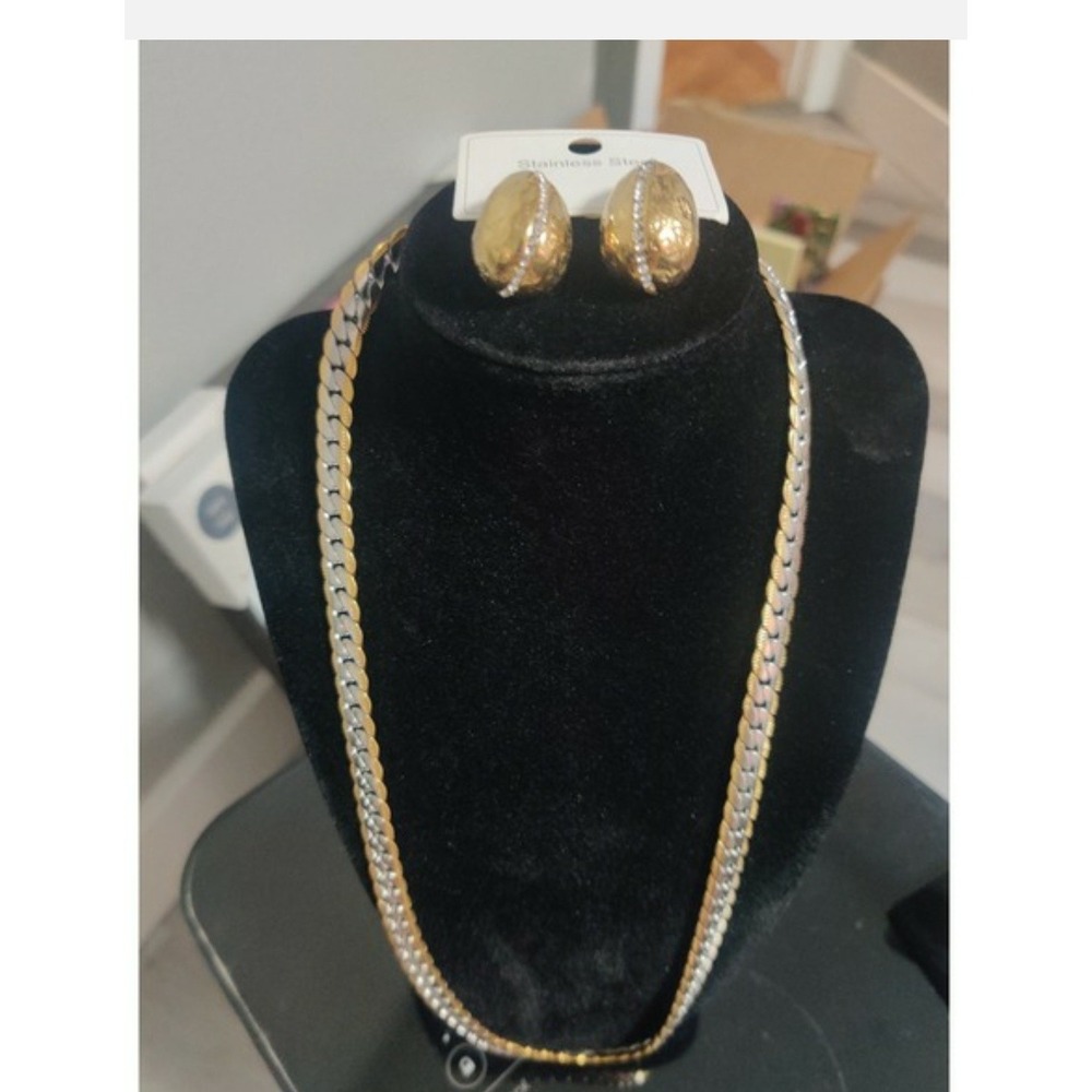 Gold Tone Stainless Steel Cuban Link Necklace & Teardrop Earrings Set Rhinestone